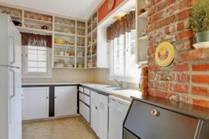 How to Remodel Your Kitchen In a Single Weekend. Brickwork wall and simple decoration for l-shaped furniture set with open shelves