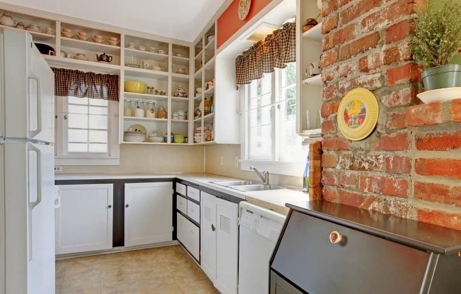 How to Remodel Your Kitchen In a Single Weekend. Brickwork wall and simple decoration for l-shaped furniture set with open shelves