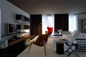 Urban Style Interior Design: The Essence of Big City at Home. Restrained styling and color palette for the living room with accent red leisure chair