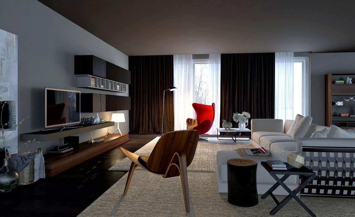 Urban Style Interior Design: The Essence of Big City at Home. Restrained styling and color palette for the living room with accent red leisure chair