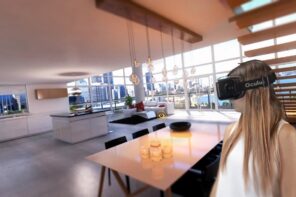 Virtual and Augmented Reality Interior Design. Open layout apartment in minimalistic high- tech style