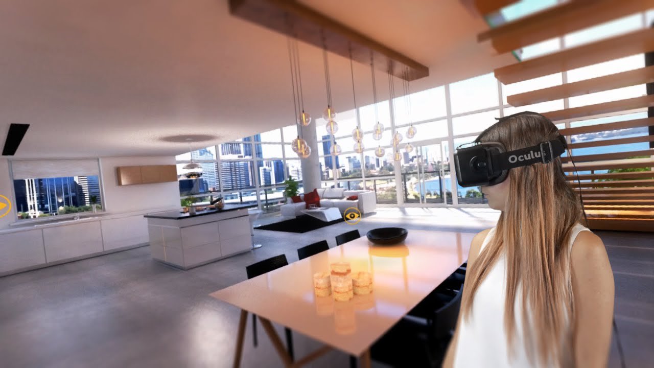 Virtual and Augmented Reality Interior Design. Open layout apartment in minimalistic high- tech style