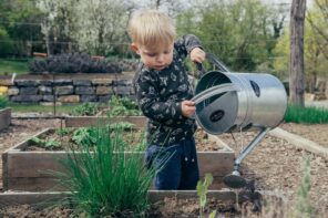 The Top 4 Outdoor DIY Projects To Do With Your Family. Watering the plants by boy with tin hand sprinkler