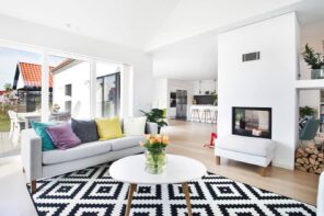 How to Create a Theme in Your Home. Great living room in casual/Scandinavian style with black and white rug and the the fireplace