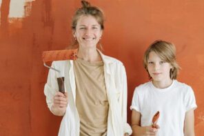 Mom and son working on a Home improvement project