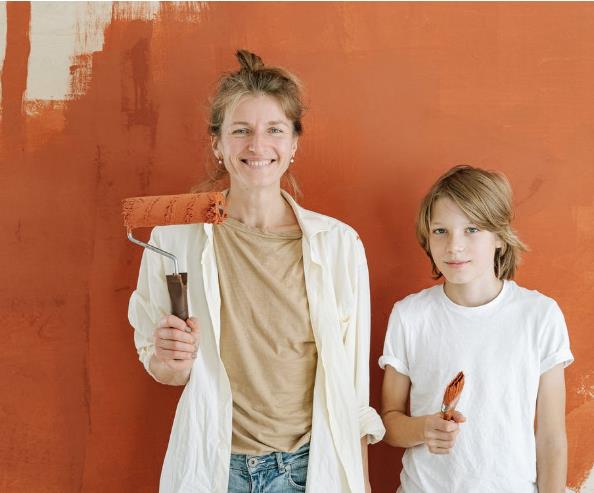Mom and son working on a Home improvement project