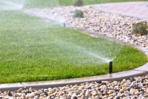 3 Steps to Landscape a Garden from Scratch. Sprinklers around the trimmed lawn