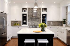 How Mosaic Tile Backsplash Adds Value To Our Kitchen Interiors. Black and white contrast for contemporary kitchen with masterful lighting and gray mosaic