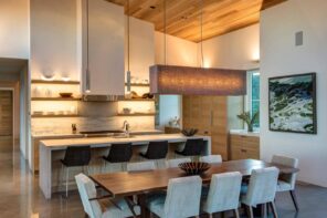 8 Beautiful Ways to Improve Your Home. Grandeur kitchen design in pastel colors, full of chairs and with open shelves backlight