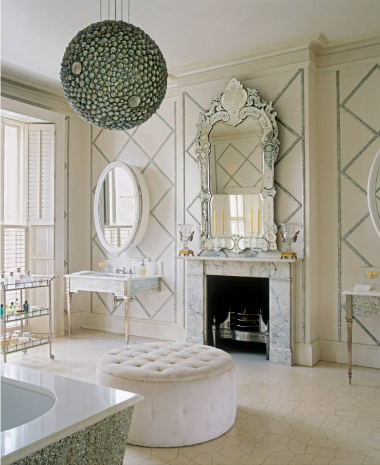 Tips for Decorating with Circular Mirrors. Great pompous boudoir in white with royal pattern on the walls