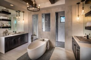 Bathroom Ceiling Decor and Design Ideas. Unusual castle style in the high room with prolong eggshell bathtub and black wooden inlays