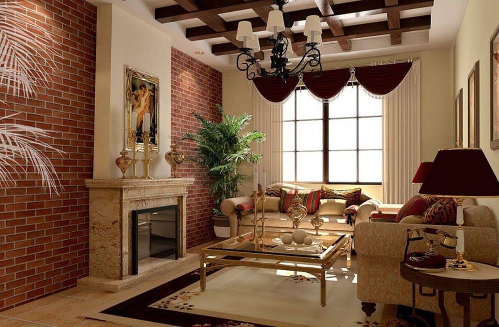 Grandeur classic interior with dark ceiling and floor pattern, and glass coffee table