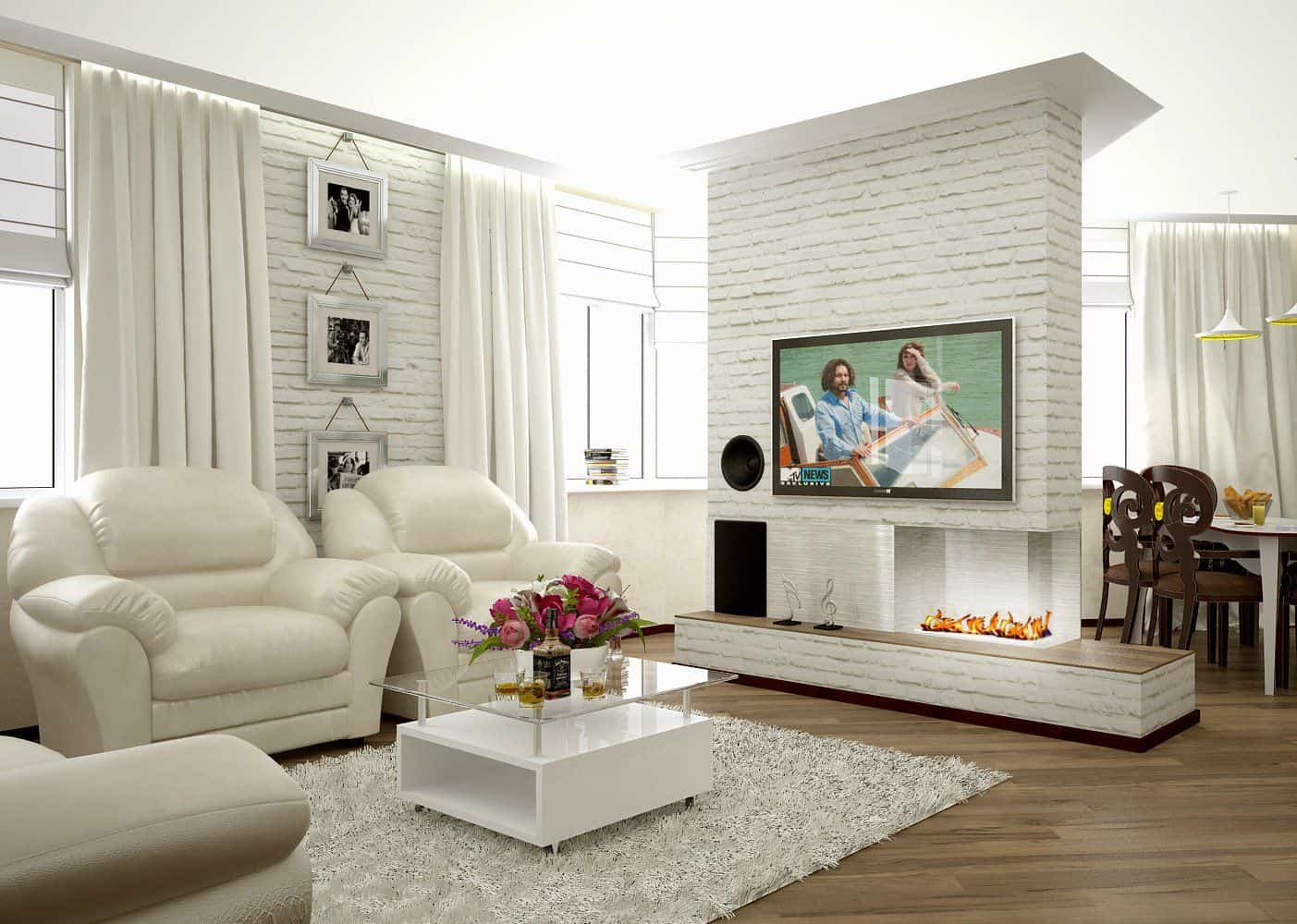 Brick Wall in the Living Room Stylish Interior. Totally white pastel room with low coffee table and chic leather furniture set