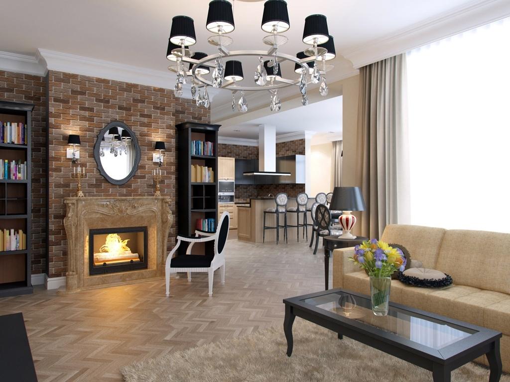 Brick Wall in the Living Room Stylish Interior. Black lamp chandelier and the artificial fireplace