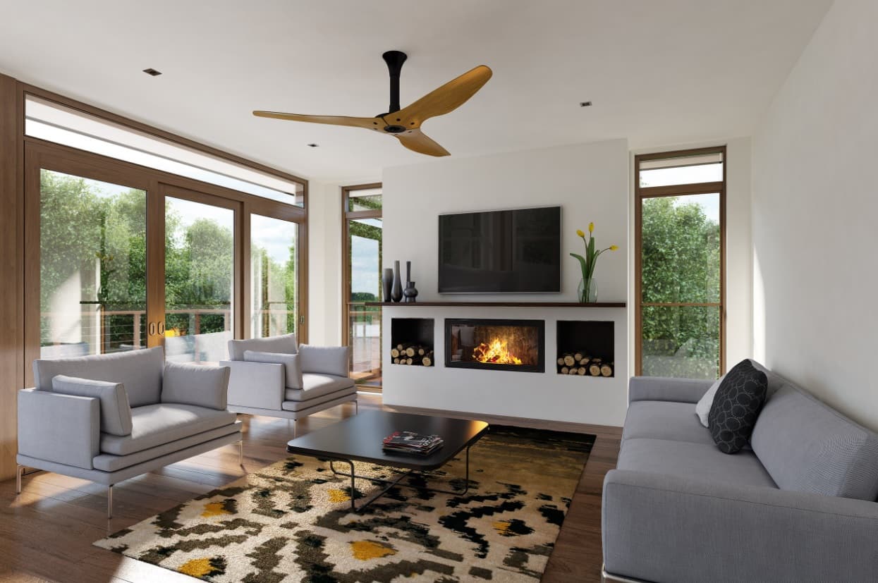 How to Choose a Stylish New Ceiling Fan. Modern boxed interior design of the second floor of the house in white with the wooden bladed fan and artificial fireplace