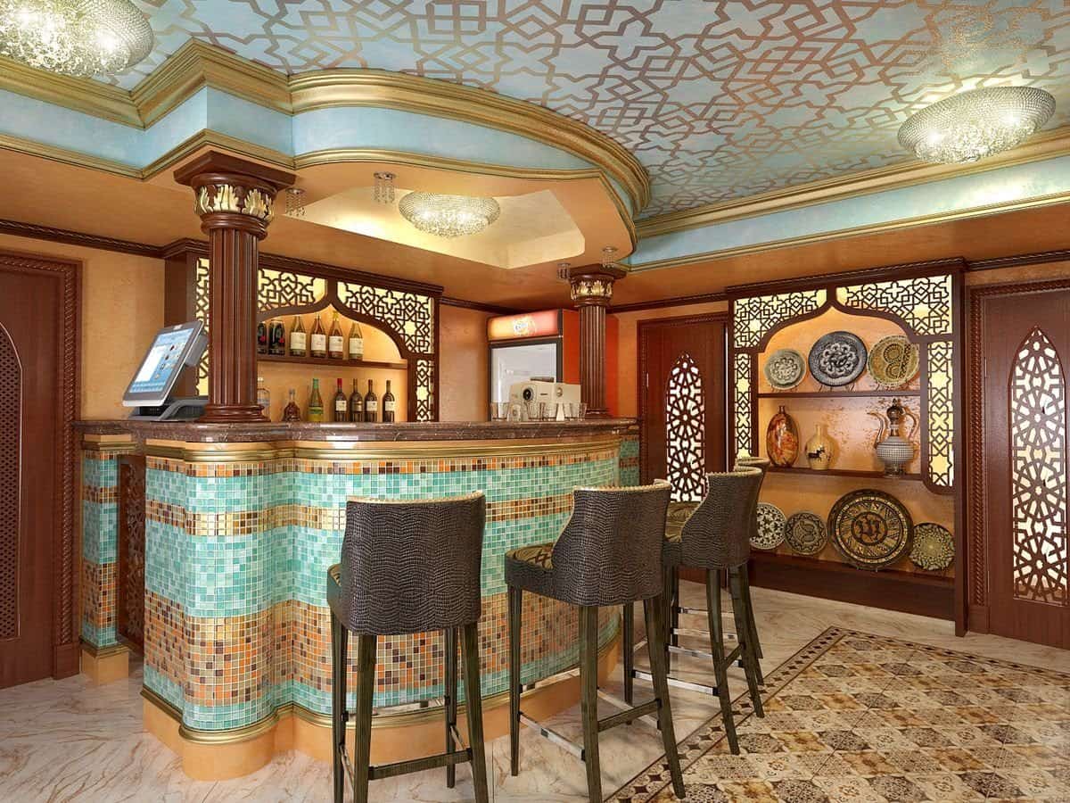 Egyptian Style Kitchen Decor and Design Ideas. Turquoise and gold mix of colors for large kitchen with bar