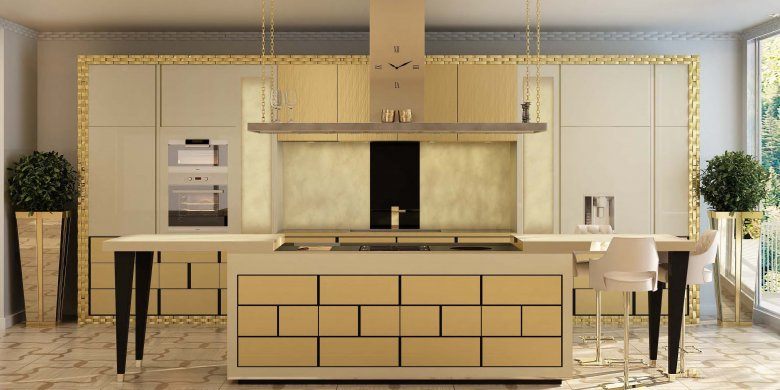 Egyptian Style Kitchen Decor and Design Ideas. Sand slab imitating facade of the kitchen island in modern styled interior