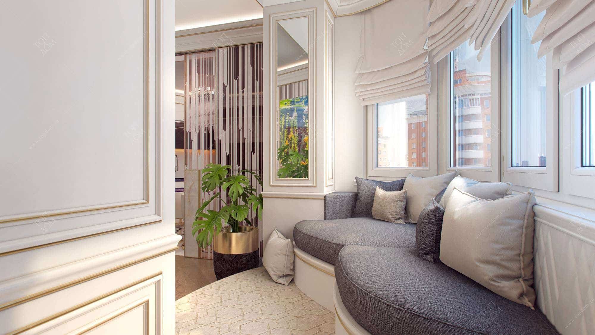 Loggia Combined with other Rooms: Best Zoning Options. Wavy furniture design in classical interior