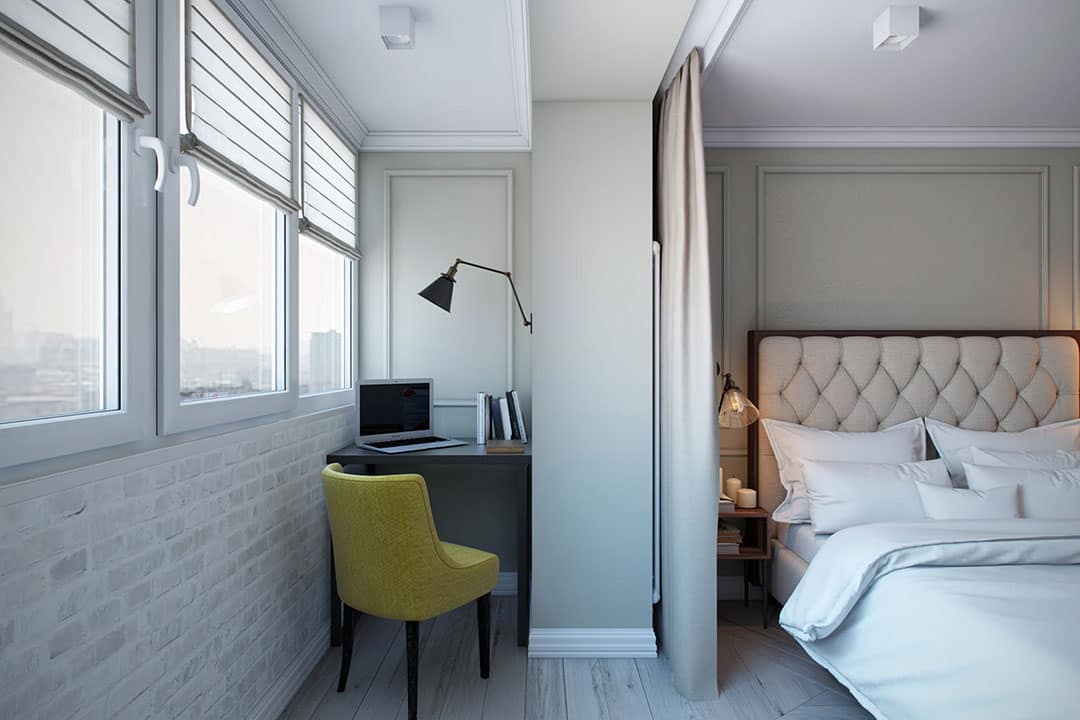 Loggia Combined with other Rooms: Best Zoning Options. Gray paint for walls of the casual styled room with small home working place and bedroom with quilted headboard next to it