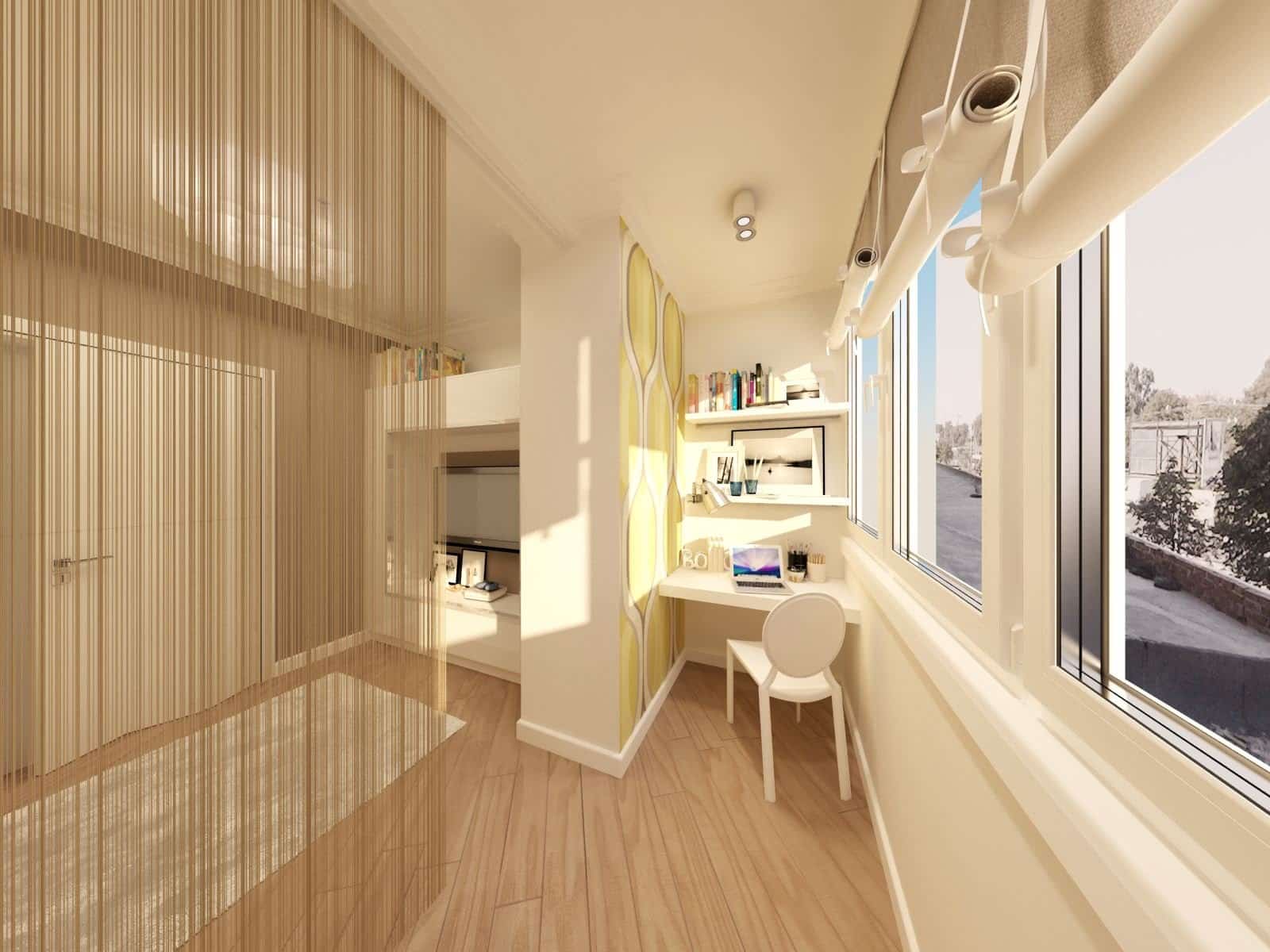 Pastel colored apartment in the uniform casual style with personal workspace at the balcony combined with other space
