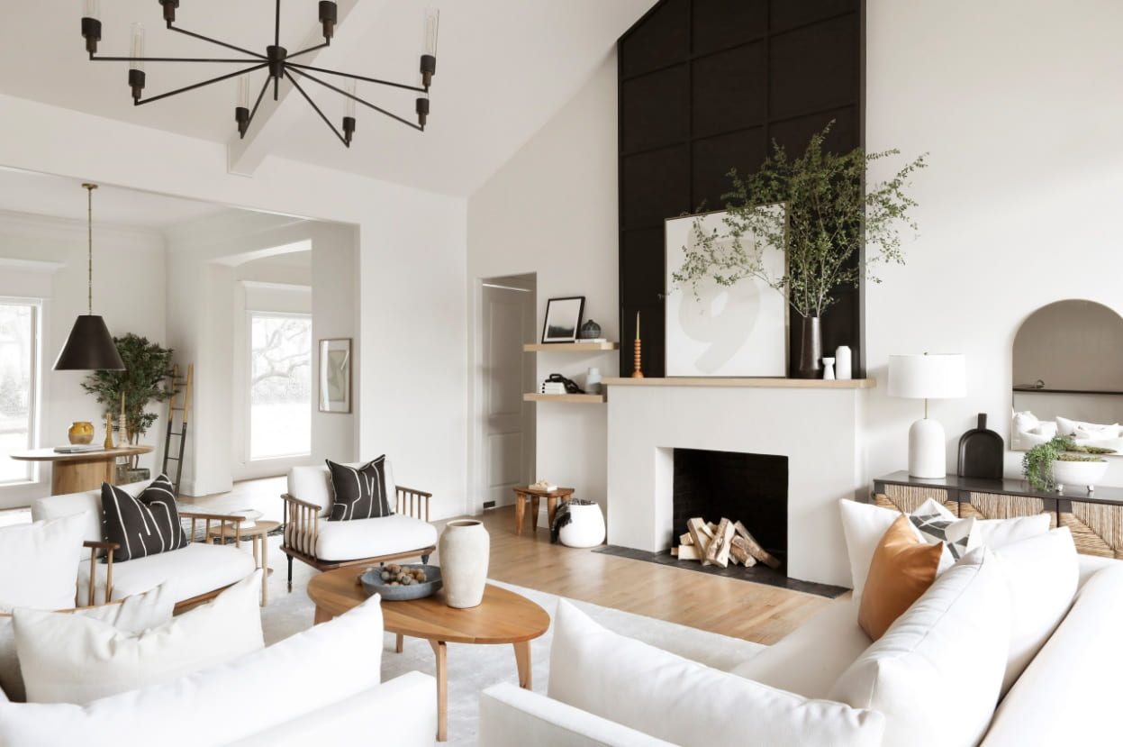 Great Scandinavian interior design ща the low-key living room with large fireplace and black accent mantelshelf wall 