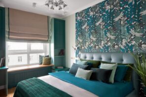Tiny 100 Square Feet Bedroom Effective and Laconic Design Ideas. Turquoise color theme for the room with painted headboard wall and functional windowsill