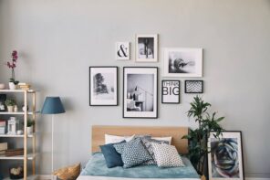 6 Pro Tips To Using Art Prints In Your Home. Pictures in black and white frames to decorate the gray headboard wall