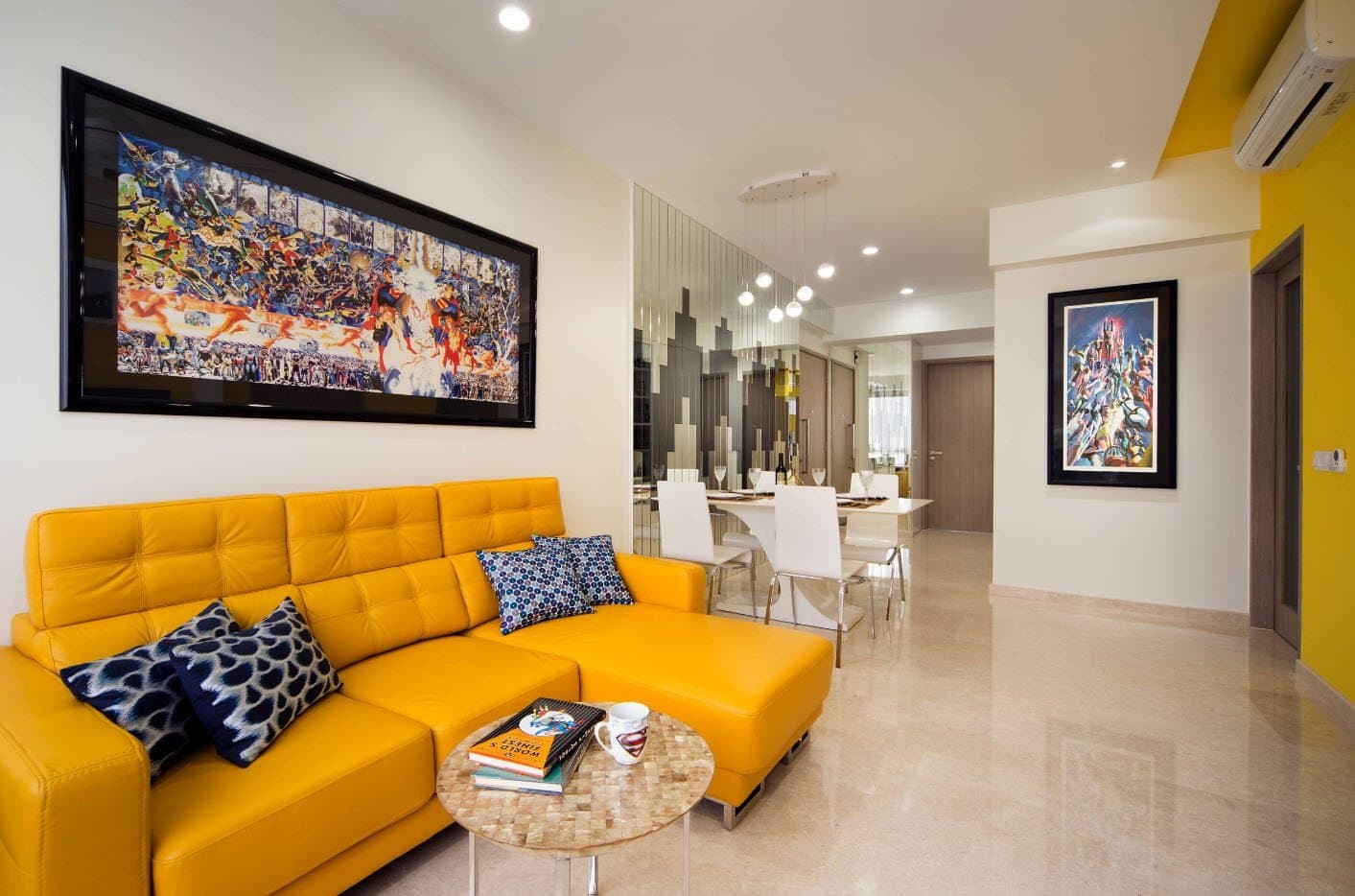 Modern orange corner sofa for large open space living zone 