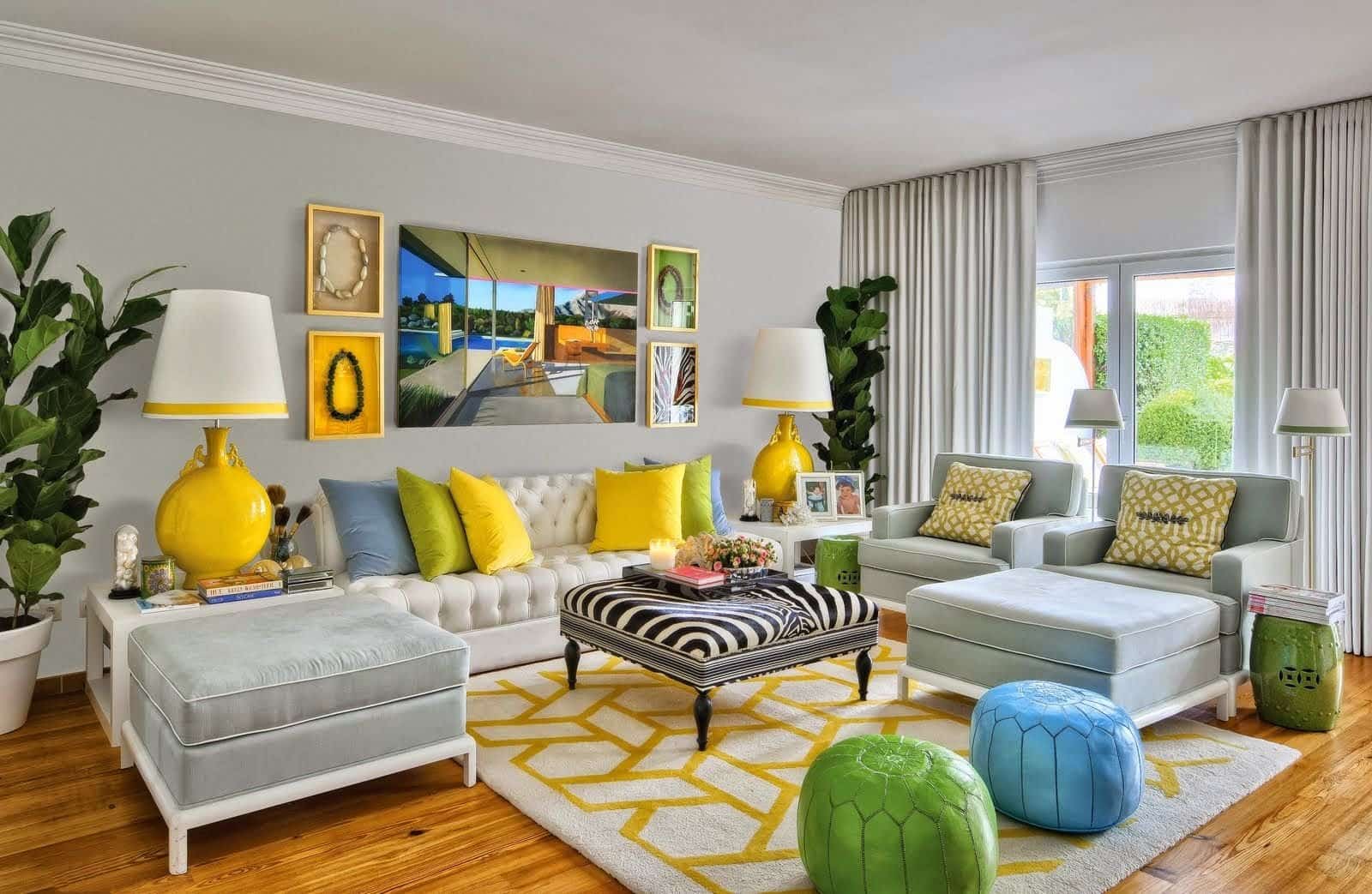 Multicolored living room with yellow, green, blue accents