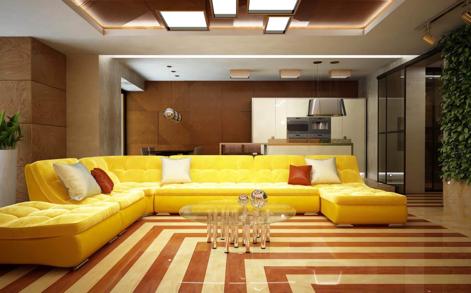 Bright Yellow Living Room Interior Decoration and Design Ideas. Complex lighting and stripes on the carpet make the room bigger