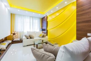 Bright Yellow Living Room Interior Decoration and Design Ideas. Modern wavy wall panels for accent in the high-tech room with perimeter lighting