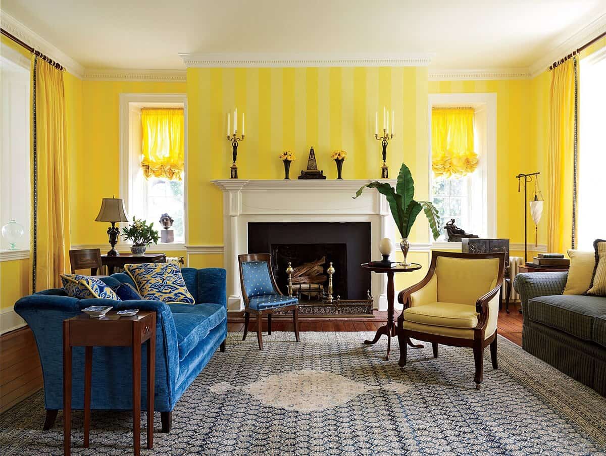 Bright Yellow Living Room Interior Decoration and Design Ideas. White fireplace and white ceiling for Classic space 