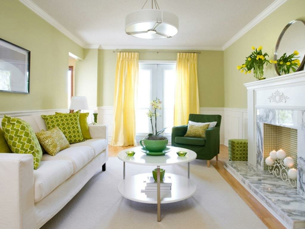 Bright Yellow Living Room Interior Decoration and Design Ideas. Lime colored curtains