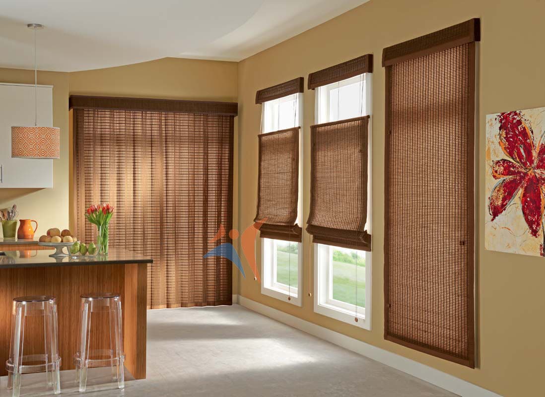 Roller blinds in dark brown for floor-to-ceiling windows