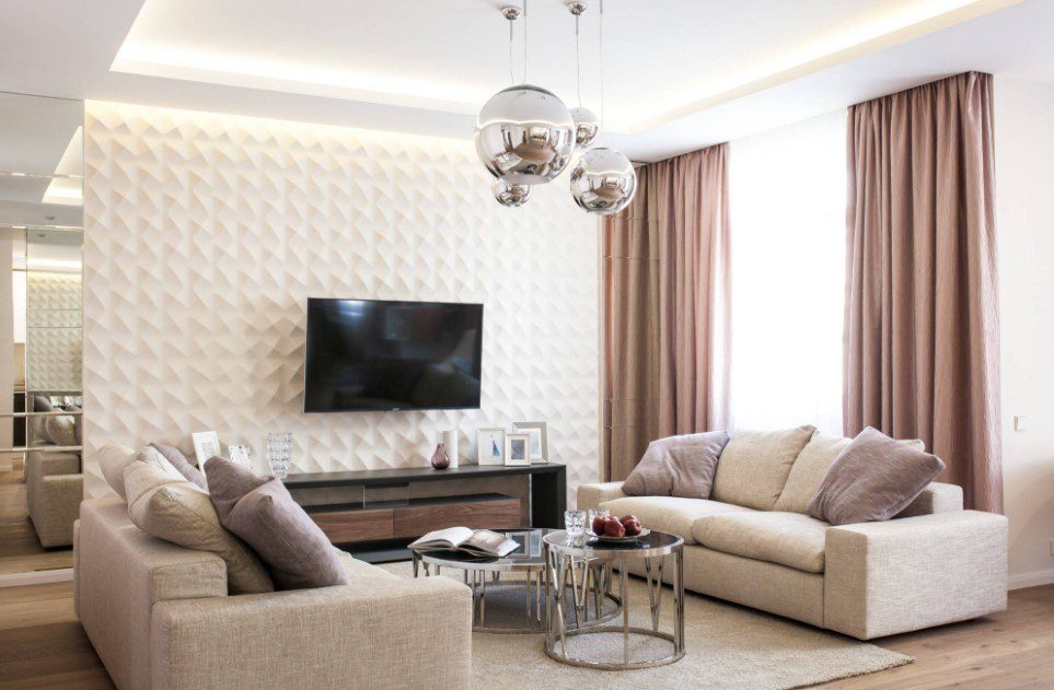 Nice plaid design of the accent wall and unusual crystal sphere chandeliers to make an interior unbeatable