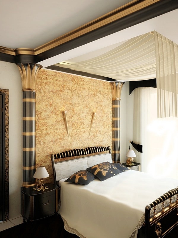 Egyptian Interion Design Style. Typical Egyptian bedroom with black and golden colors as well as semi-columns, textured headboard and pillows with ethic drawings