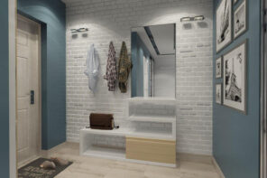 Hallway Stone Finishing Modern Design Ideas. White and cerulean blue color palette and light wooden laminate