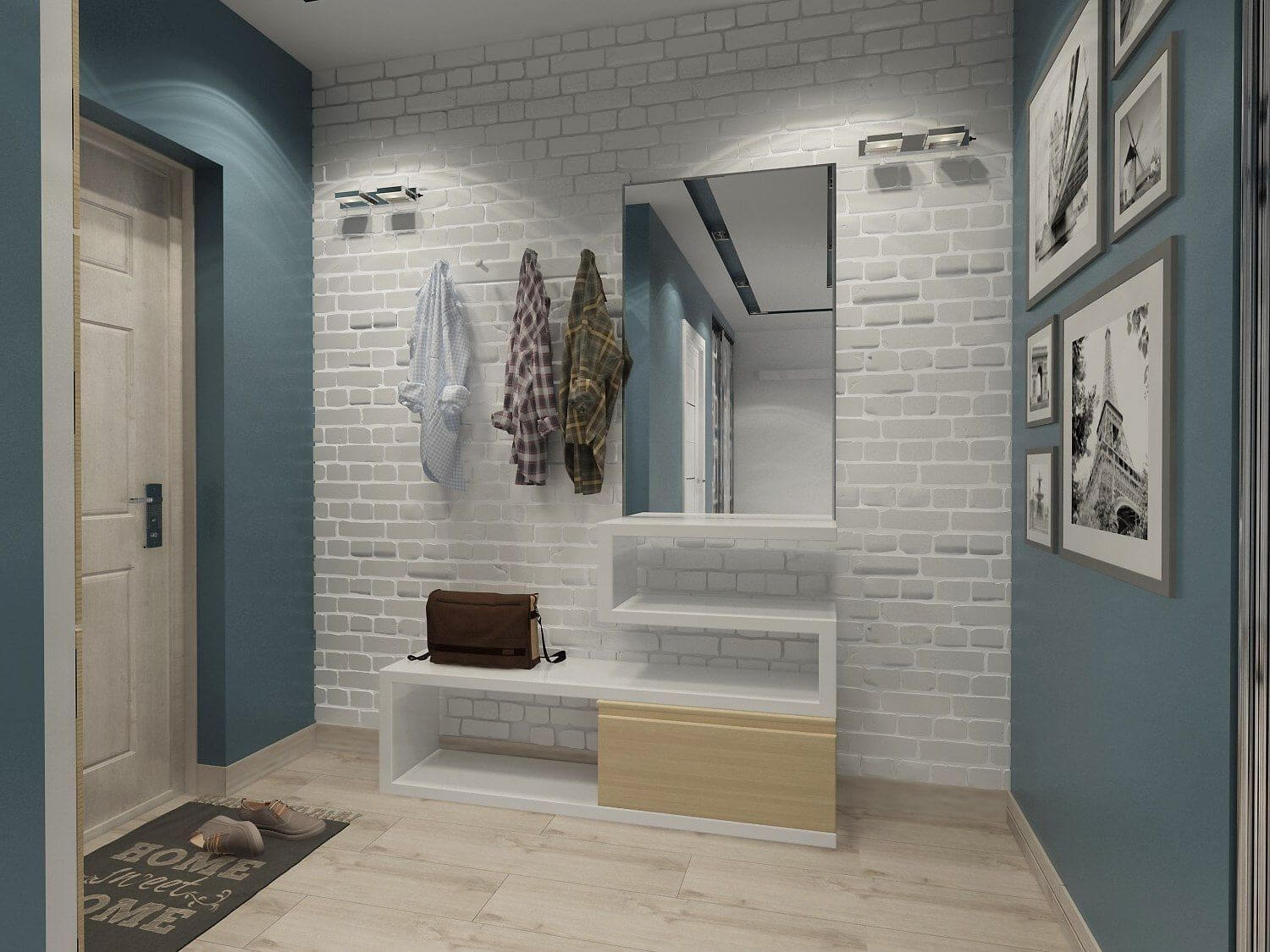 Hallway Stone Finishing Modern Design Ideas. White and cerulean blue color palette and light wooden laminate