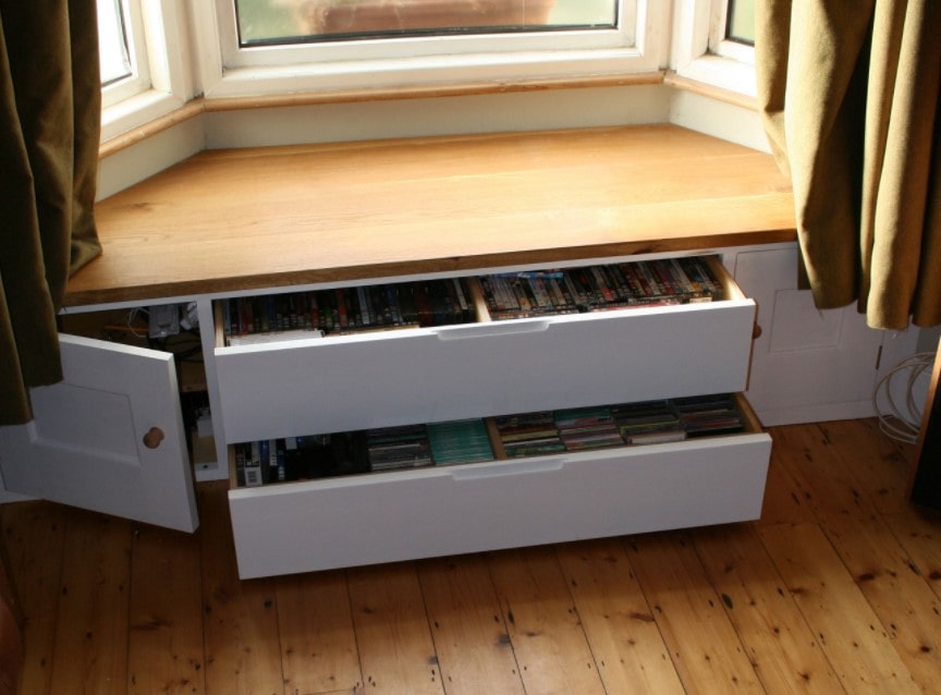 Hidden Storage Space Organizing Ideas. Unusual storage system under the window sill