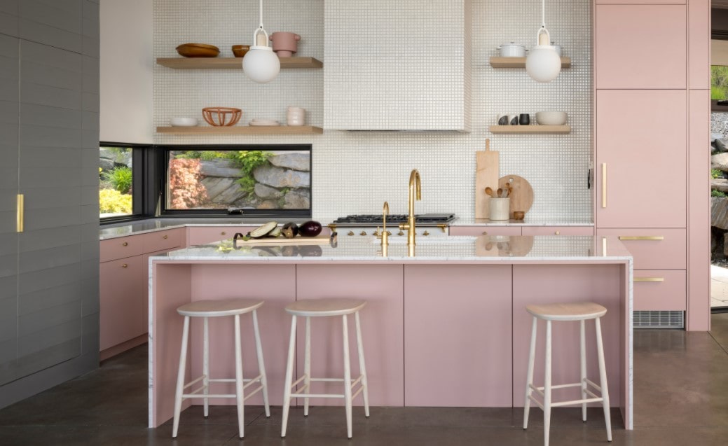 Interior Design Styles & Trends 2022 - Best Projects with Photos. Neat pinkish kitchen island siding in the light pastel colored space