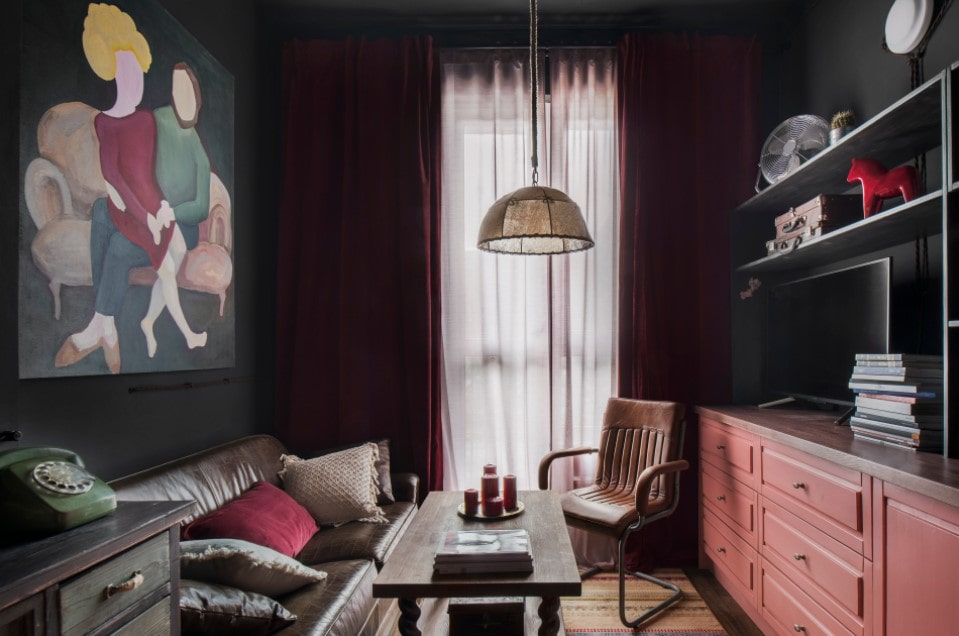 Unusual noir classic interior with touch of Bohemian flavor and very unusual color theme