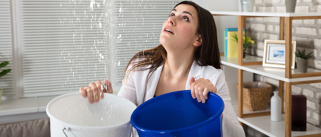 3 Immediate Actions to Take When Your Roof Is Leaking. The woman with two buckets collecting the falling water drops