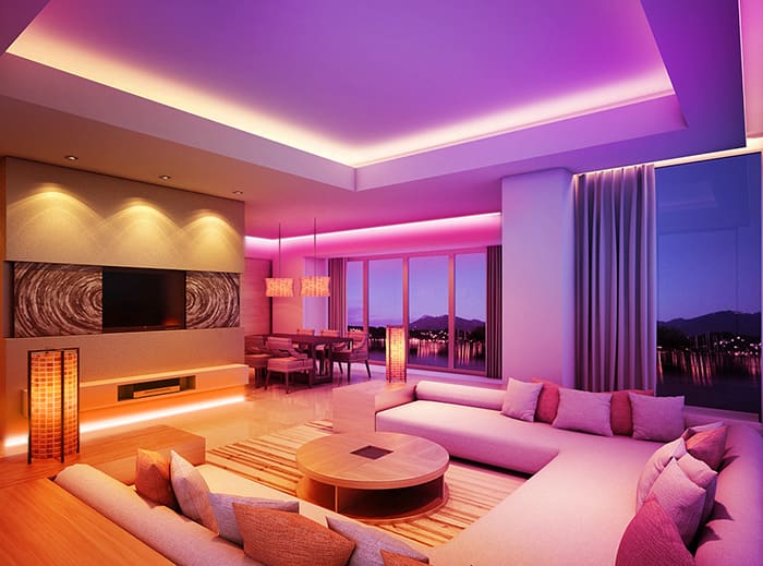 5 Easy Ways To Refresh Your Living Room Without Breaking the Bank. Complex colorful LED lighting for modern spacious apartment 