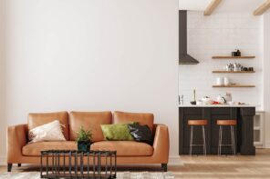 How To Achieve A Modern Farmhouse Look For Your Home. Brutal brown leather sofa in the living zone of the contemporary styled open space private house