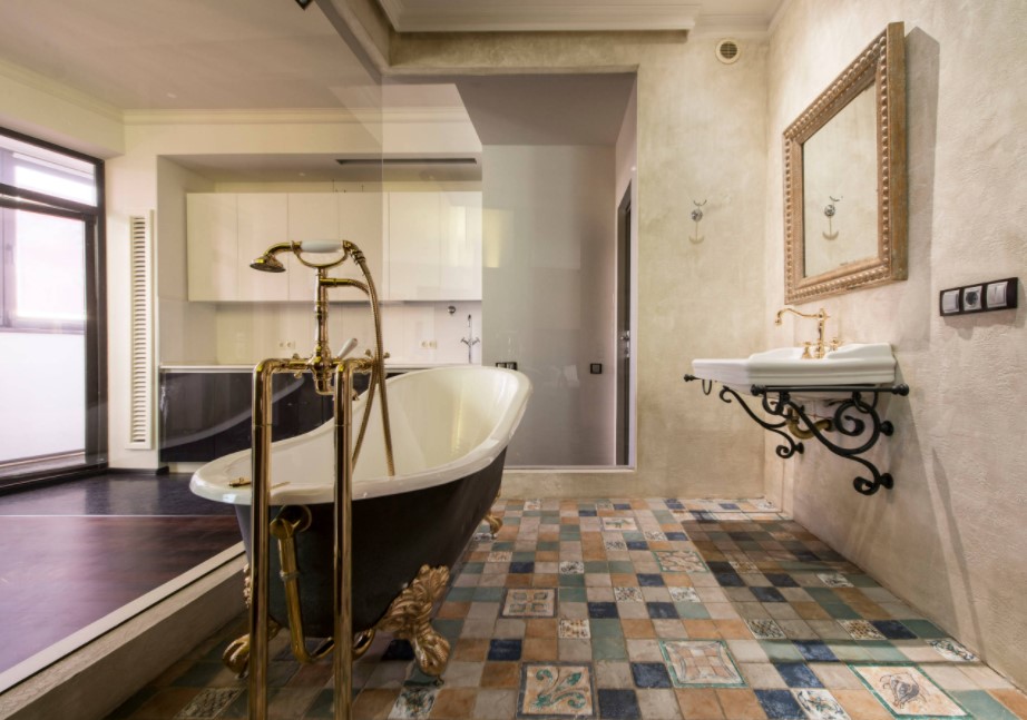 Classic Provence bathroom interior with Moroccan tile on the floor
