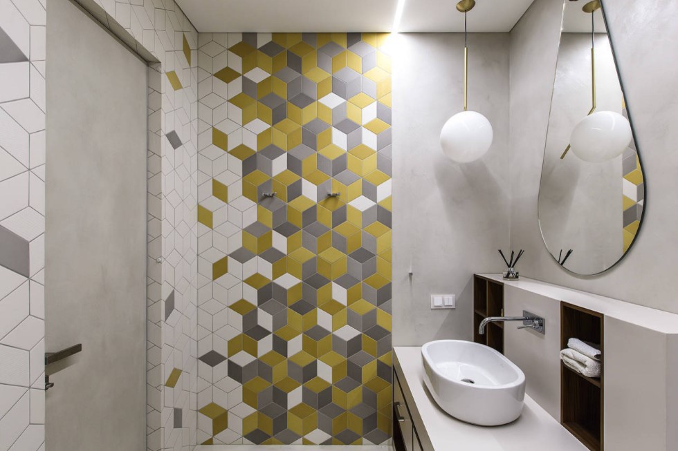 Bathroom Tile Interior Styling and Cladding Ideas. Gray, white and yellow accent wall mosaic in the small area 