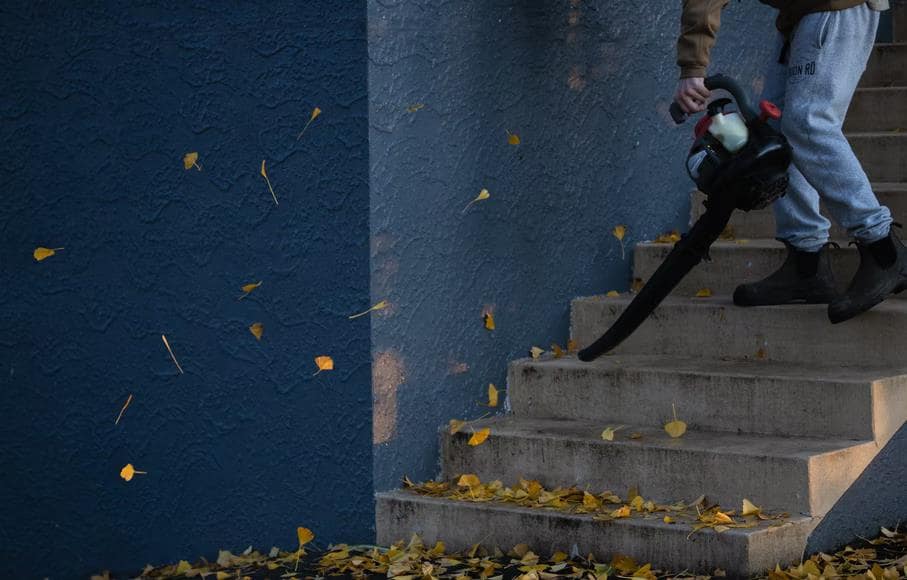 These Essential Tools Will Make Your Yard Work Easier. Leaf blower at the stairs