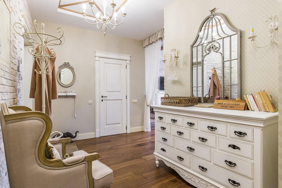 How to Choose the Right Hallway Chest of Drawers. The classic white chest and mirror for spacious room with dark wooden floot