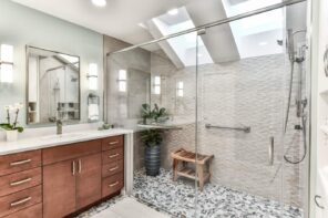 Preparing a Home for an Elderly Relative. Bathroom with the glass screen with skylight and gray textured tiles on the walls