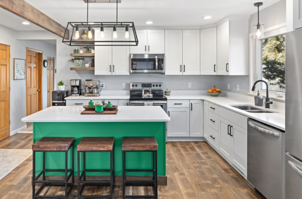 Snow-white Classic design of the kitchen with bright green island
